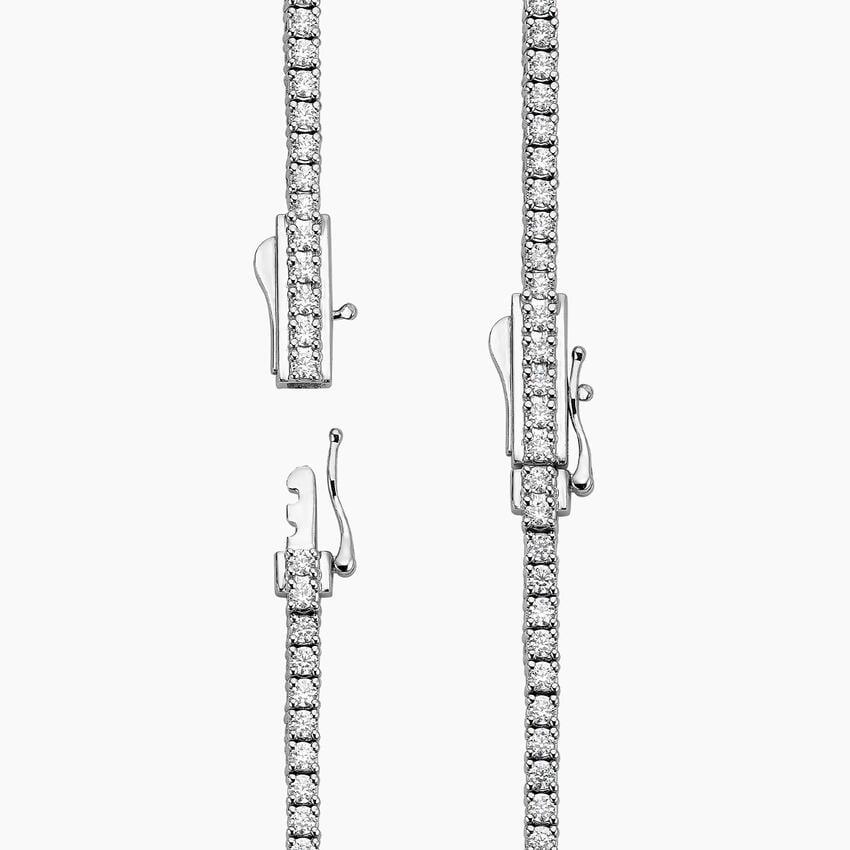 Clasp detail of 18 inch lab grown diamond tennis necklace in 14K white gold by Delux Jewelry