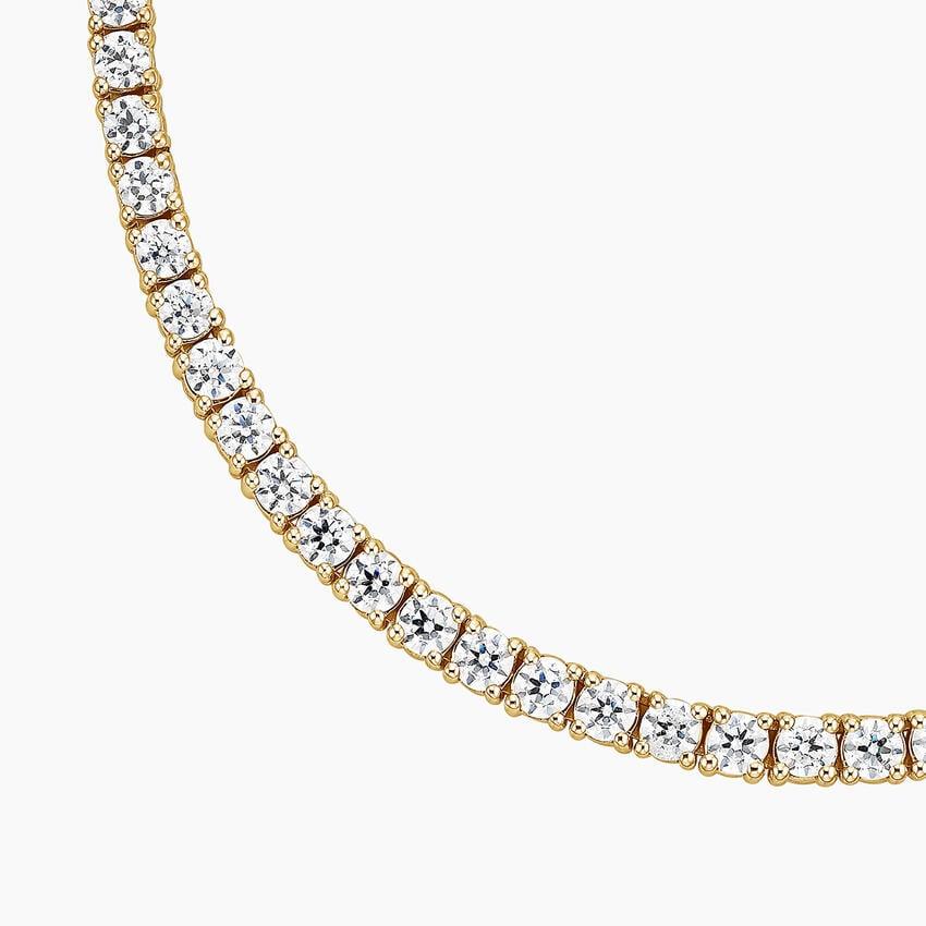 Close-up of 18 inch lab grown diamond tennis necklace in 14K yellow gold by Delux Jewelry