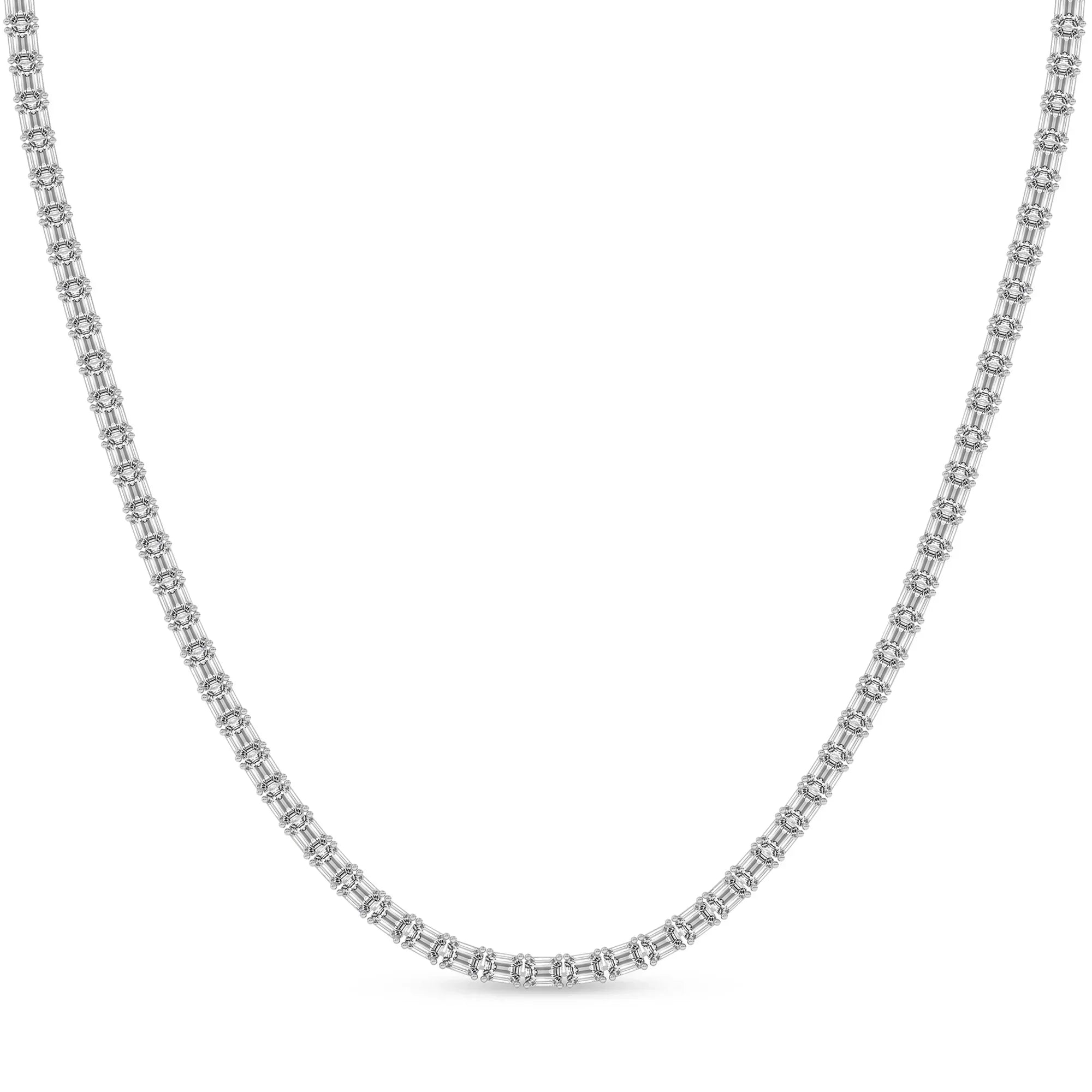 Emerald lab diamond tennis necklace in 14K white gold from Delux Jewelry on white background
