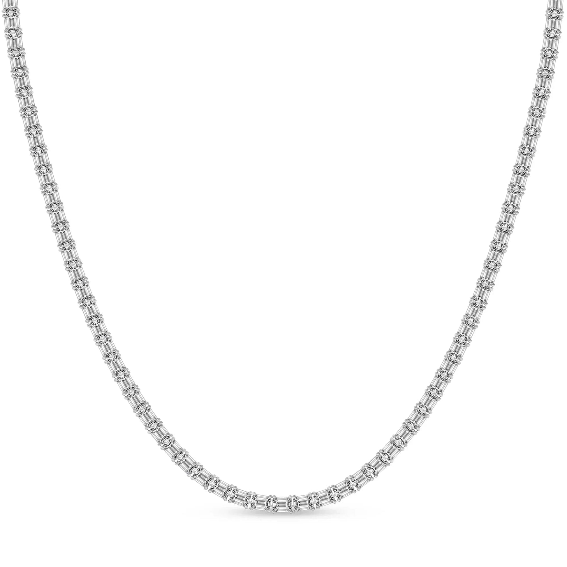 Emerald lab diamond tennis necklace in 14K white gold from Delux Jewelry on white background