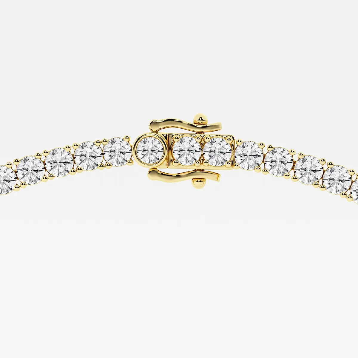 Close-up of 14K yellow gold lab diamond tennis necklace clasp, Delux Jewelry