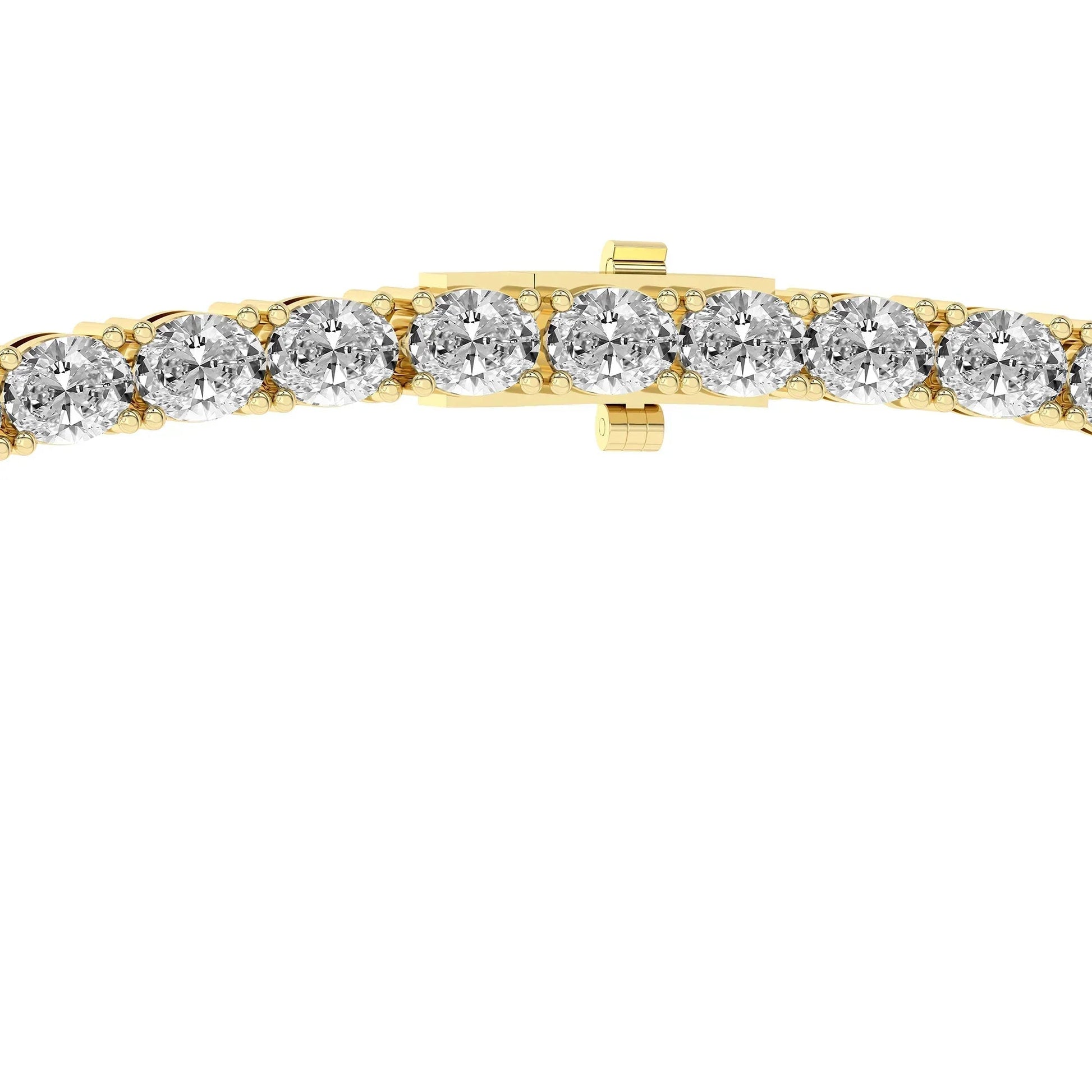 Close-up of 14K yellow gold tennis necklace with oval lab grown diamonds and clasp