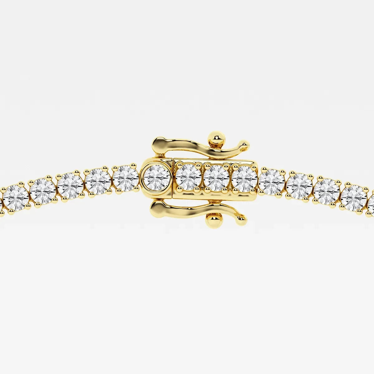 22 inch lab grown diamond tennis necklace in 14K yellow gold, close-up of clasp detail