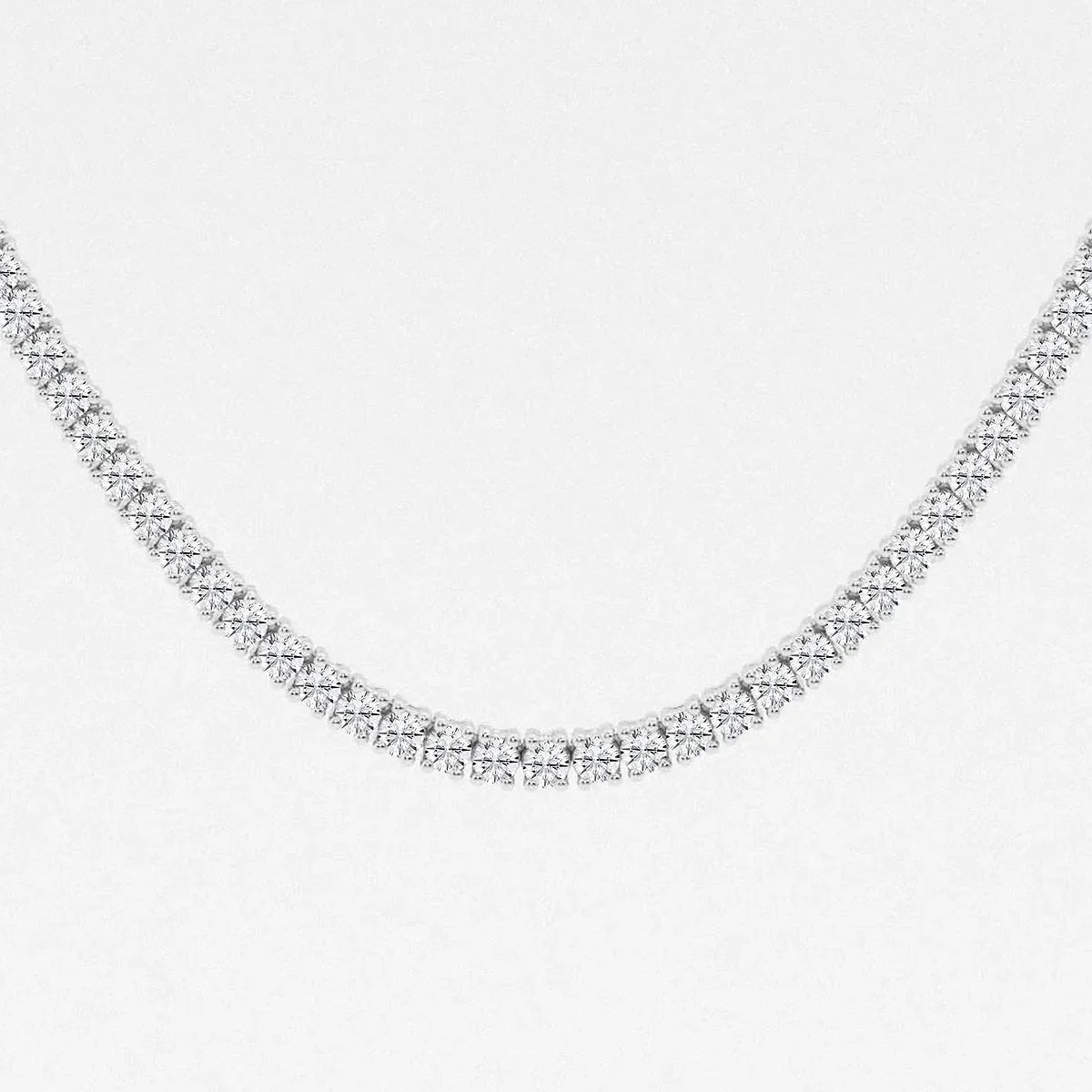 Close-up of 14K white gold lab diamond tennis necklace from Delux Jewelry