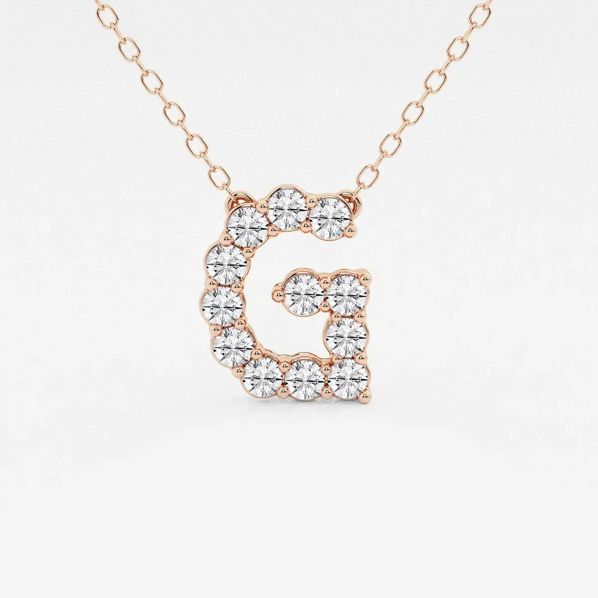 Rose gold necklace with initial G pendant featuring round lab grown diamonds, Delux Jewelry