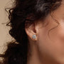 Woman wearing round lab grown diamond stud earring from Delux Jewelry