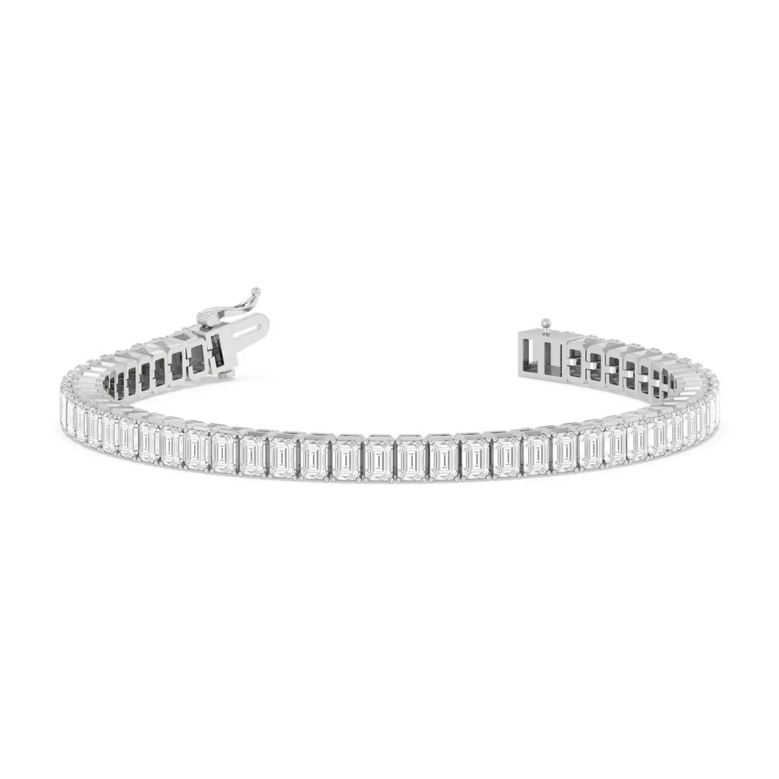 7 inch emerald cut lab diamond tennis bracelet in 14K white gold with open clasp on white background