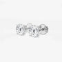 Round lab grown diamond stud earrings in white gold setting on white background