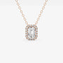 Emerald cut lab grown diamond halo pendant in rose gold on Delux Jewelry chain