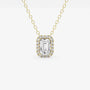 Emerald cut lab diamond halo pendant in yellow gold on chain, Delux Jewelry