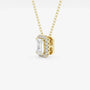 Emerald cut lab grown diamond halo pendant on yellow gold chain, Delux Jewelry