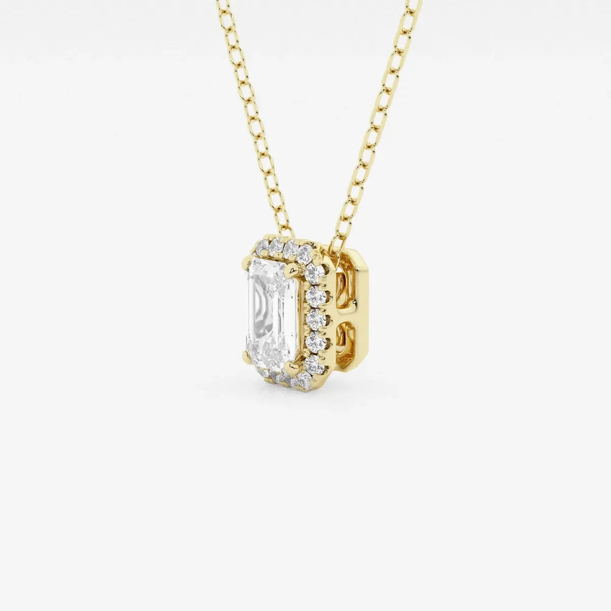 Emerald cut lab grown diamond halo pendant on yellow gold chain, Delux Jewelry