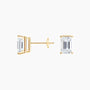 Emerald lab diamond stud earrings in 14K yellow gold from Delux Jewelry, front and side view
