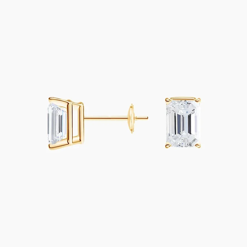 Emerald lab diamond stud earrings in 14K yellow gold from Delux Jewelry, front and side view