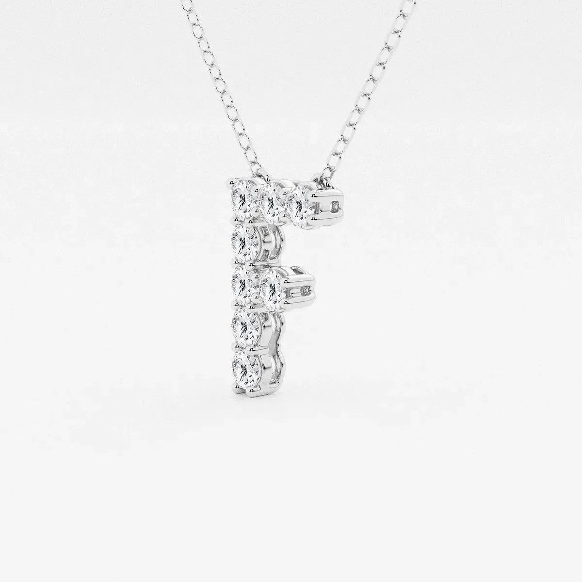 White gold pendant in the shape of letter F with lab grown diamonds on chain, Delux Jewelry