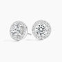 Lab grown diamond halo stud earrings in 14K white gold from Delux Jewelry on white background