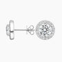 Lab grown diamond halo stud earrings in 14K white gold, side and front view, Delux Jewelry