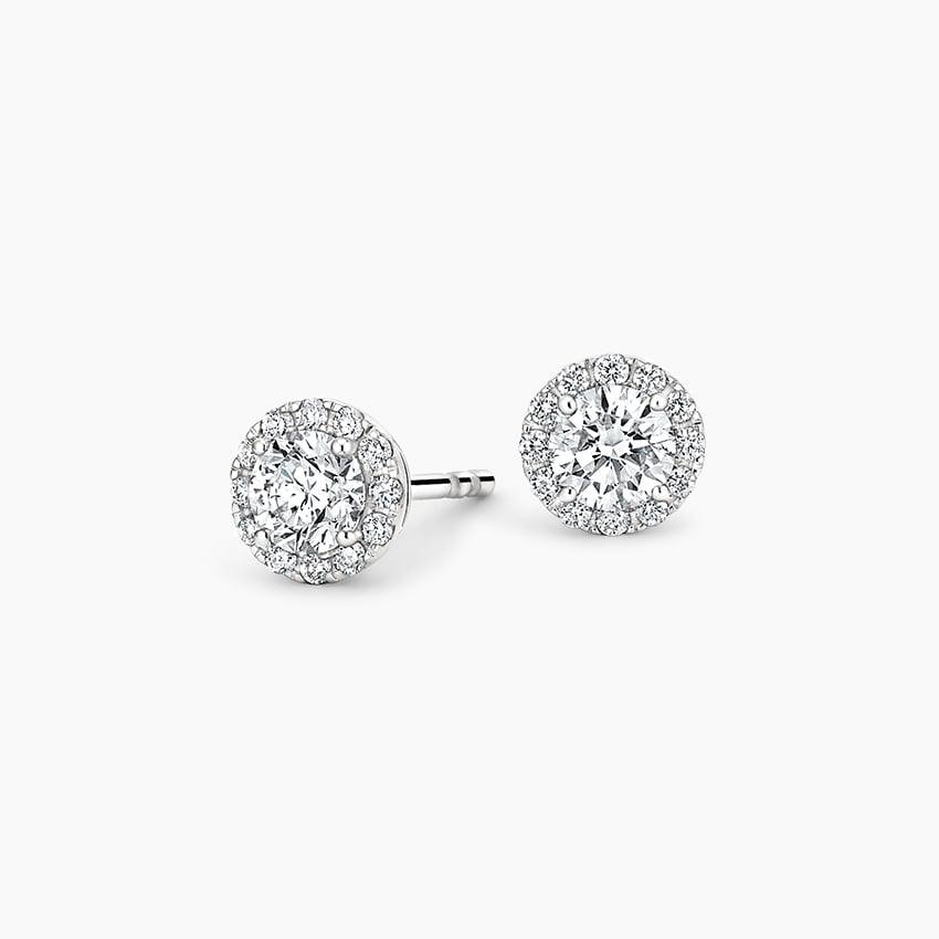 14K white gold lab grown diamond halo stud earrings on white background, Delux Jewelry