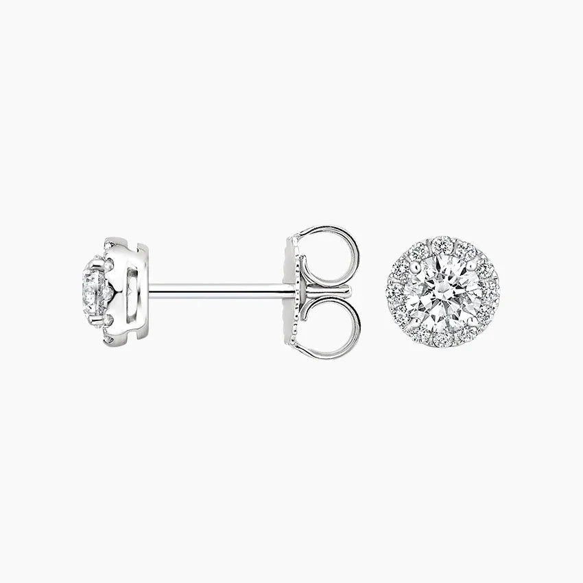 14K white gold lab diamond halo stud earrings, round cluster design, side and front view