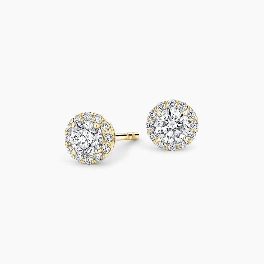 Lab grown diamond halo stud earrings in 14K yellow gold, Delux Jewelry fine jewelry