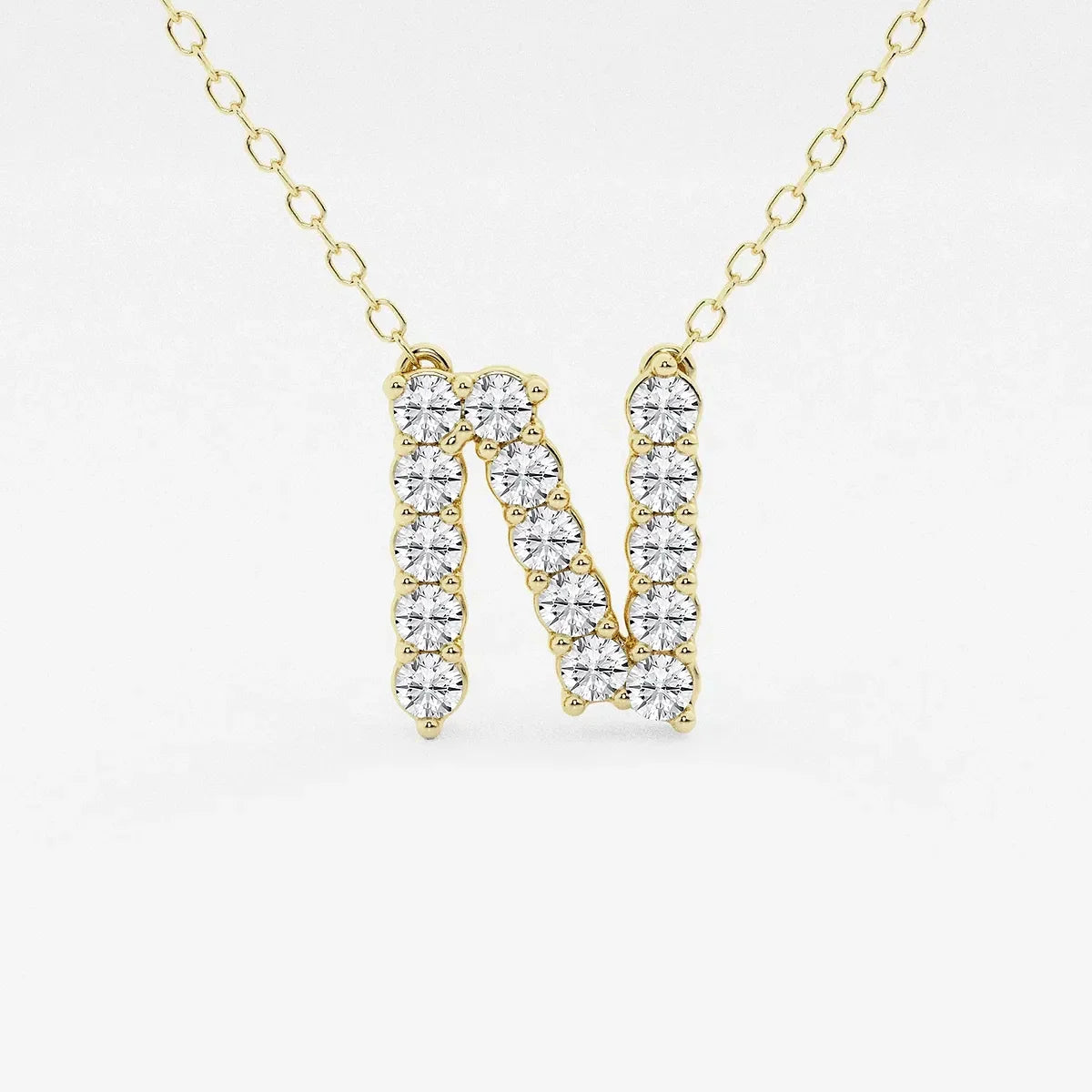 Yellow gold necklace with diamond letter N pendant, lab grown diamonds by Delux Jewelry