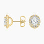 Oval halo lab diamond stud earrings in 14K yellow gold, side and front view, Delux Jewelry