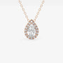 Pear-shaped lab grown diamond halo pendant in rose gold on chain, Delux Jewelry