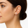 Pear cut lab diamond stud earring in 14K white gold worn on ear, Delux Jewelry