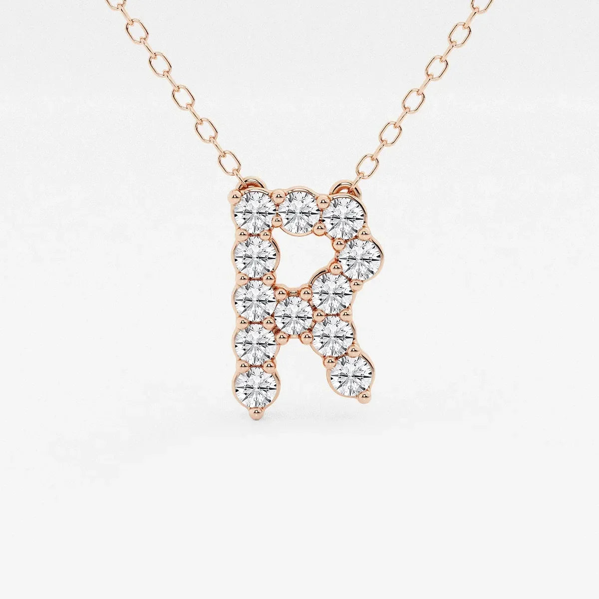 Rose gold necklace with letter R pendant made of lab grown diamonds, Delux Jewelry