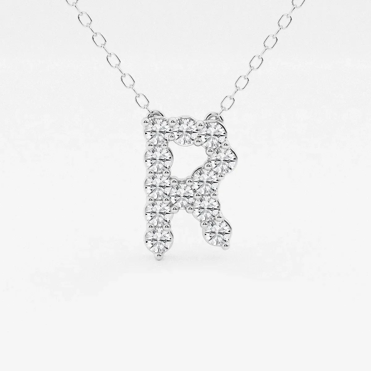 White gold letter R pendant necklace with lab grown diamonds by Delux Jewelry