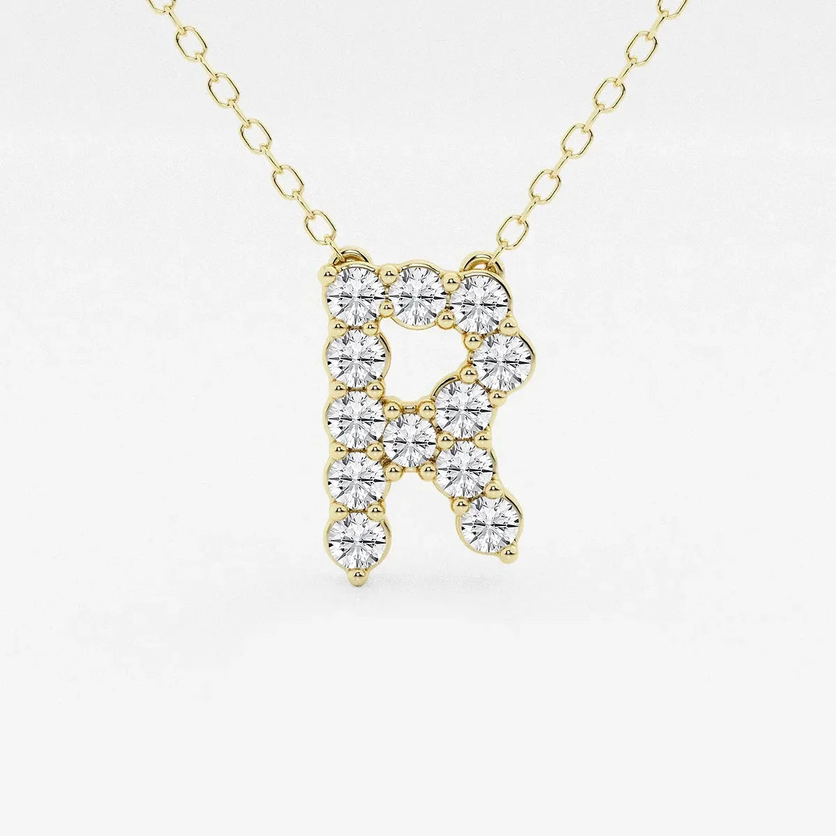 Yellow gold necklace with letter R pendant featuring lab grown diamonds, Delux Jewelry
