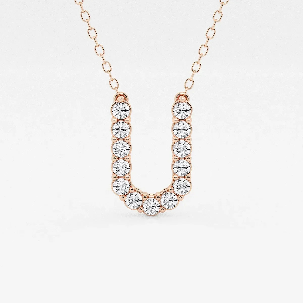 Rose gold U pendant necklace with lab grown diamonds on delicate chain, Delux Jewelry