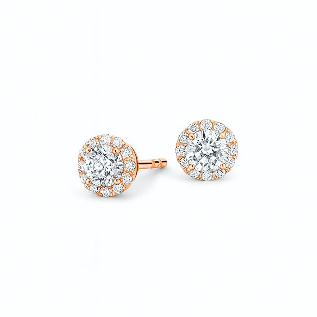 Rose gold lab grown diamond halo stud earrings from Delux Jewelry on white background